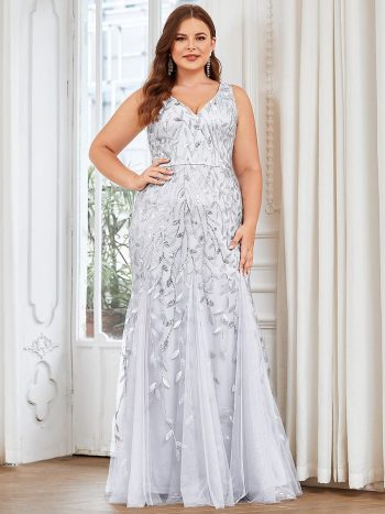 Plus Size Double V-Neck Fishtail Sequin Formal Maxi Evening Dress - Silver