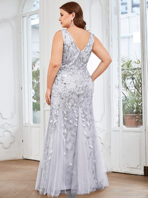 Women's Double V-Neck Fishtail Sequin Evening Dress - Silver