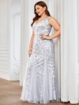 Plus Size Double V-Neck Fishtail Sequin Formal Maxi Evening Dress – Silver