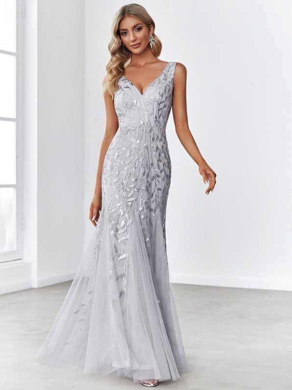 Women's Double V-Neck Fishtail Sequin Evening Dress - Silver