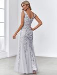 Women’s Double V-Neck Fishtail Sequin Evening Dress – Silver