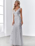 Women’s Double V-Neck Fishtail Sequin Evening Dress – Silver