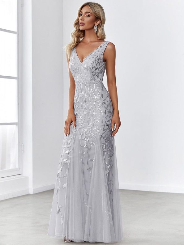 Women's Double V-Neck Fishtail Sequin Evening Dress - Silver