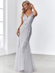 Women’s Double V-Neck Fishtail Sequin Evening Dress – Silver