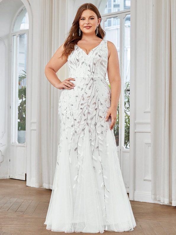 Plus Size Double V-Neck Fishtail Sequin Formal Maxi Evening Dress - White