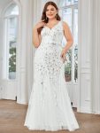 Plus Size Double V-Neck Fishtail Sequin Formal Maxi Evening Dress – White