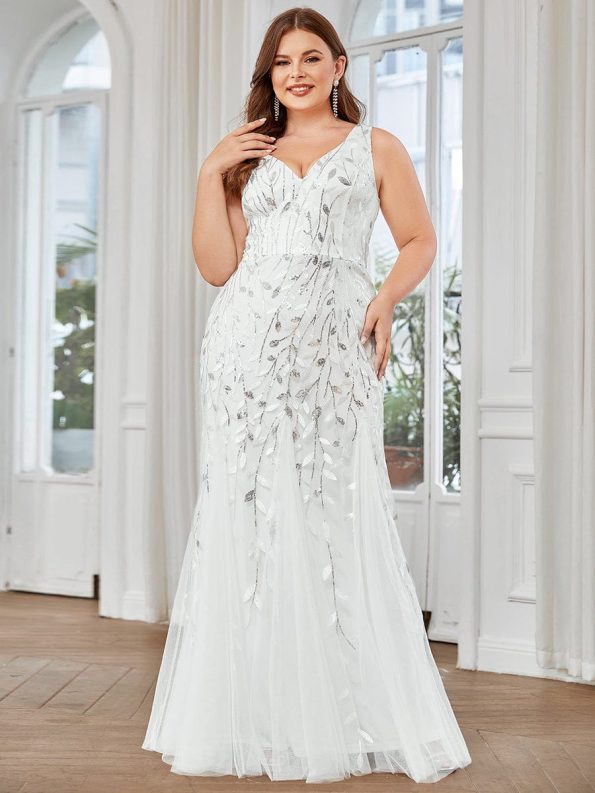 Plus Size Double V-Neck Fishtail Sequin Formal Maxi Evening Dress - White