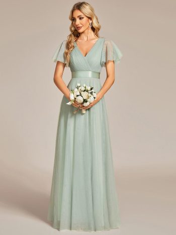 Double V-Neck Floor-Length Short Sleeve Tulle Bridesmaid Dresses - Mint Green