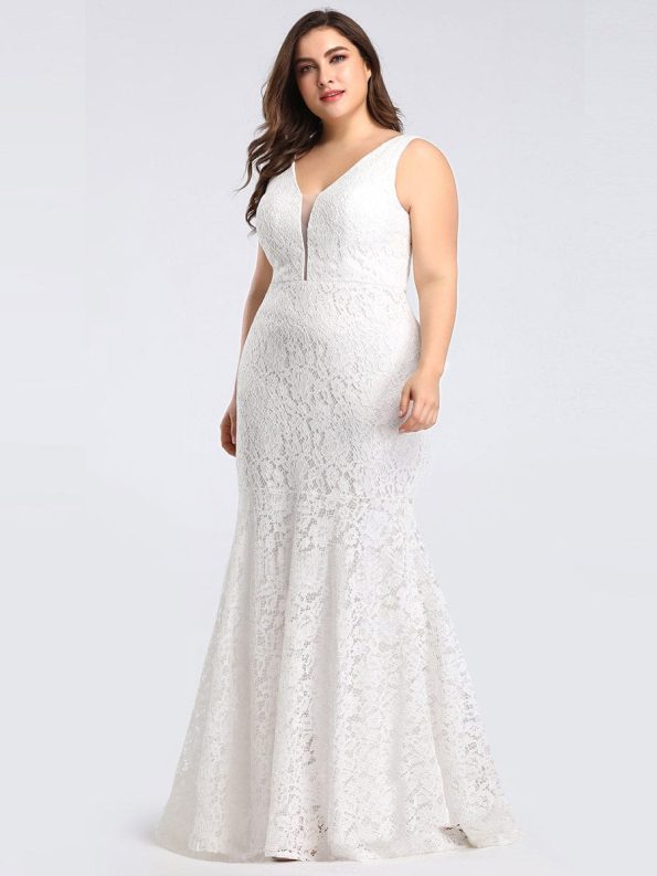 Plus Size Lace Mermaid Formal Evening Dress - White