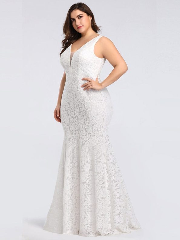 Plus Size Lace Mermaid Formal Evening Dress - White