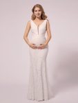 Maxi Long Lace V-neck Fishtail Maternity Dress for Wedding – White