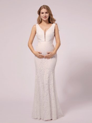 Maxi Long Lace V-neck Fishtail Maternity Dress for Wedding - White