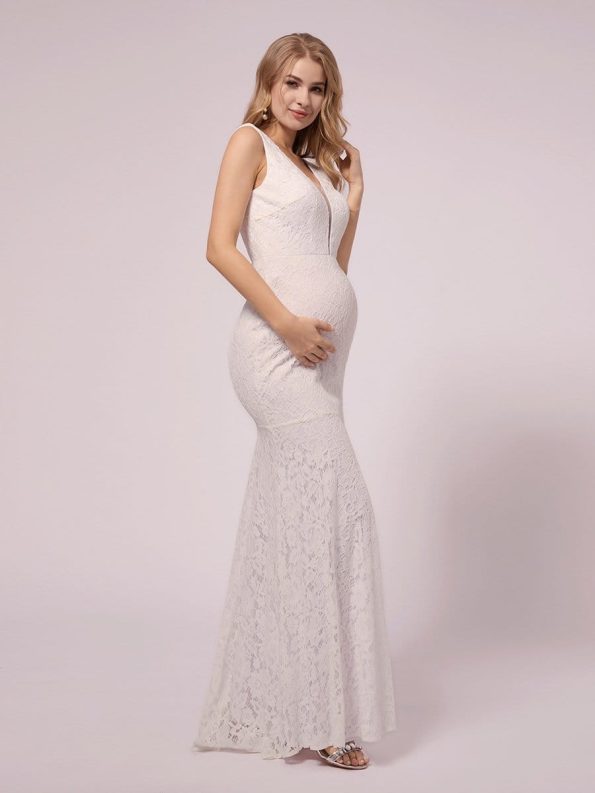 Maxi Long Lace V-neck Fishtail Maternity Dress for Wedding - White
