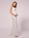 Maxi Long Lace V-neck Fishtail Maternity Dress for Wedding – White