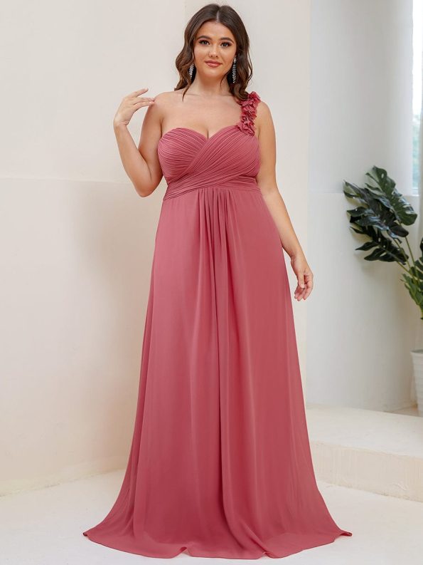 Sweet Pleated Bodice One Shoulder Chiffon Bridesmaid Dress - Cameo Brown