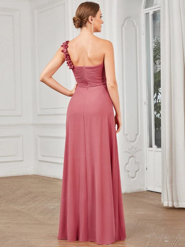 Sweet Pleated Bodice One Shoulder Chiffon Bridesmaid Dress - Cameo Brown