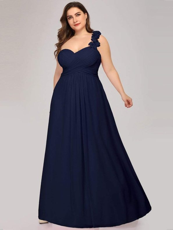 Sweet Pleated Bodice One Shoulder Chiffon Bridesmaid Dress - Navy Blue