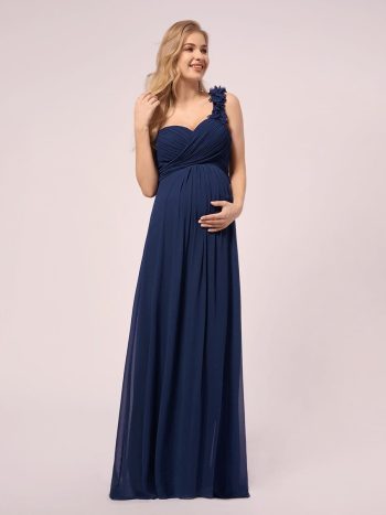 Maxi Long Flower One Shoulder Maternity Dress - Navy Blue