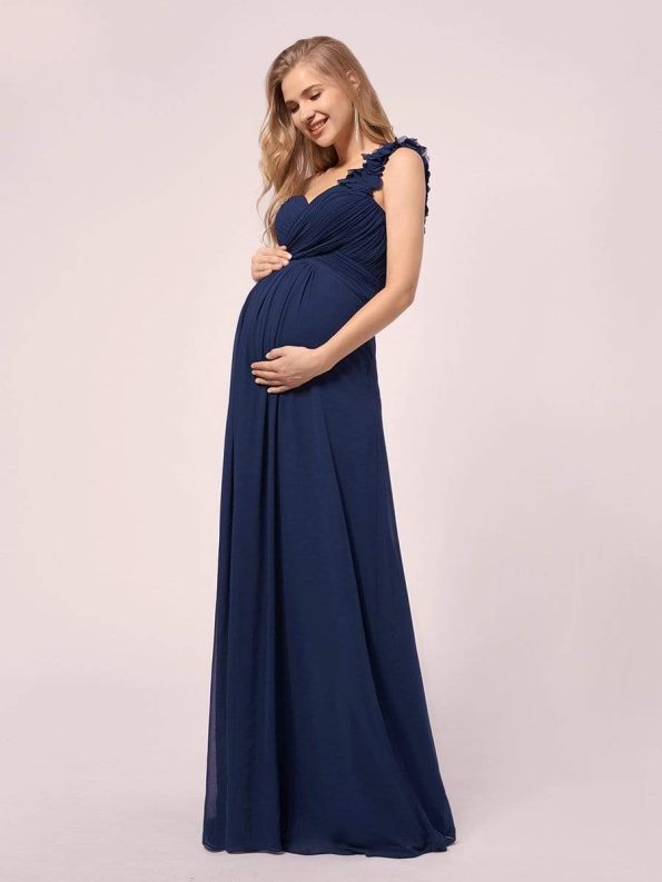 Maxi Long Flower One Shoulder Maternity Dress - Navy Blue