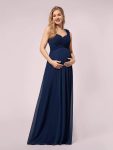 Maxi Long Flower One Shoulder Maternity Dress – Navy Blue