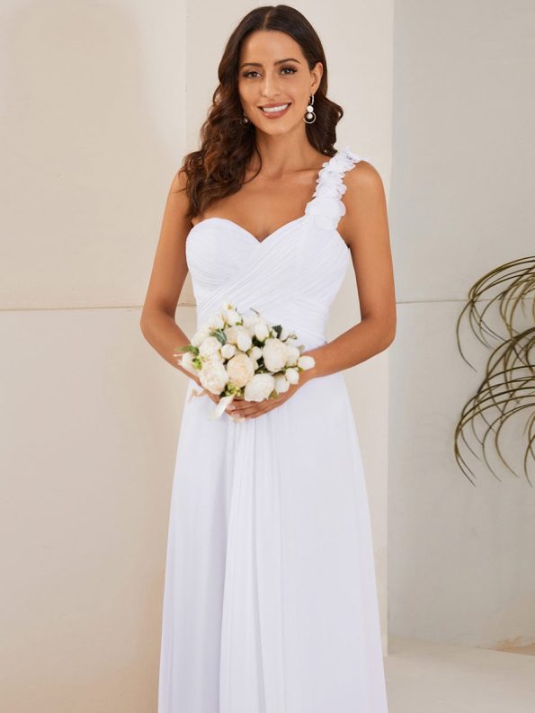 Sweet Pleated Bodice One Shoulder Chiffon Bridesmaid Dress - White