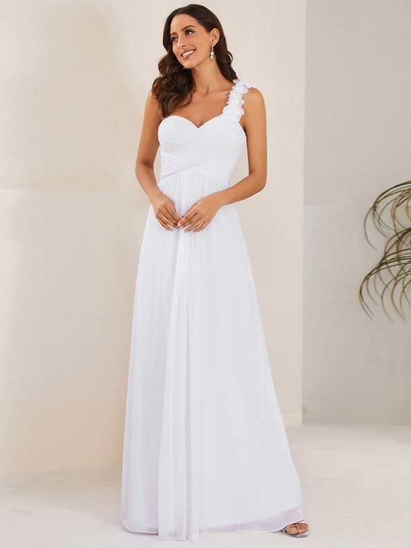 Sweet Pleated Bodice One Shoulder Chiffon Bridesmaid Dress - White