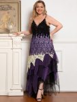 Plus Size V Neck Asymmetrical Hems Cocktail Dresses - Dark Purple