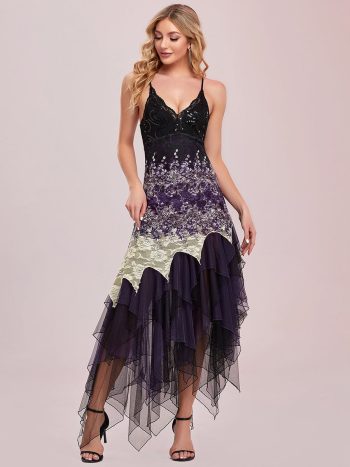 Women's V Neck Multi Color Asymmetrical Hems Prom Dress - Dark Purple