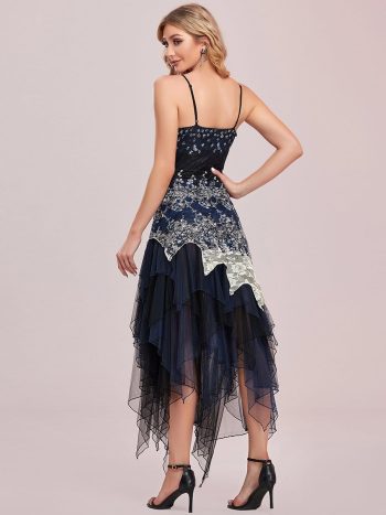 Women's V Neck Multi Color Asymmetrical Hems Prom Dress - Navy Blue