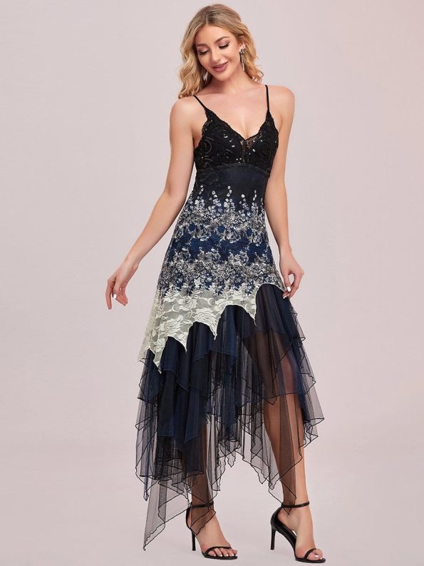 Women's V Neck Multi Color Asymmetrical Hems Prom Dress - Navy Blue