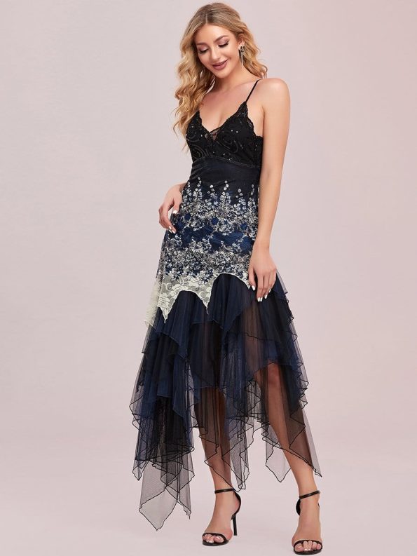 Women's V Neck Multi Color Asymmetrical Hems Prom Dress - Navy Blue