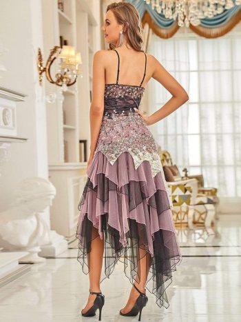 Women's V Neck Multi Color Asymmetrical Hems Prom Dress - Purple Orchid