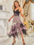 Women’s V Neck Multi Color Asymmetrical Hems Prom Dress – Purple Orchid