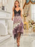 Women’s V Neck Multi Color Asymmetrical Hems Prom Dress – Purple Orchid