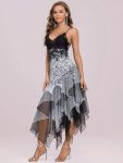 Women’s V Neck Multi Color Asymmetrical Hems Prom Dress – White