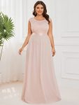 Plus Size Classic Round Neck V Back A-Line Chiffon Bridesmaid Dresses with Lace – Blush