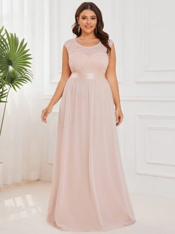 Plus Size Classic Round Neck V Back A-Line Chiffon Bridesmaid Dresses with Lace - Blush