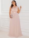 Plus Size Classic Round Neck V Back A-Line Chiffon Bridesmaid Dresses with Lace – Blush