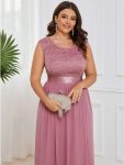 Plus Size Classic Round Neck V Back A-Line Chiffon Bridesmaid Dresses with Lace – Purple Orchid