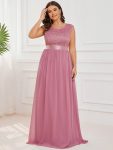 Plus Size Classic Round Neck V Back A-Line Chiffon Bridesmaid Dresses with Lace – Purple Orchid