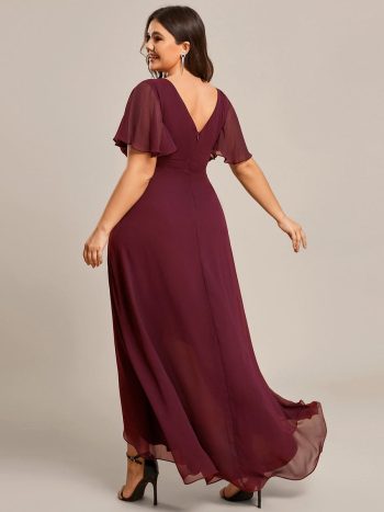 Plus Size Elegant Lotus Sleeves Chiffon Bridesmaid Dress - Burgundy