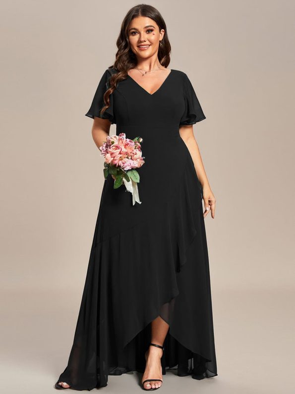 Plus Size Elegant Lotus Sleeves Chiffon Bridesmaid Dress - Black