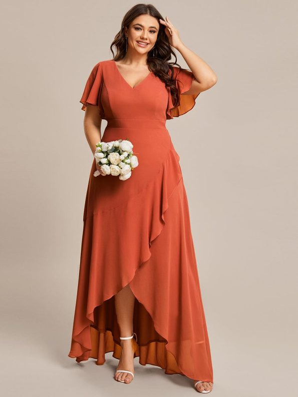 Plus Size Elegant Lotus Sleeves Chiffon Bridesmaid Dress - Burnt Orange