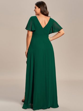 Plus Size Elegant Lotus Sleeves Chiffon Bridesmaid Dress - Dark Green