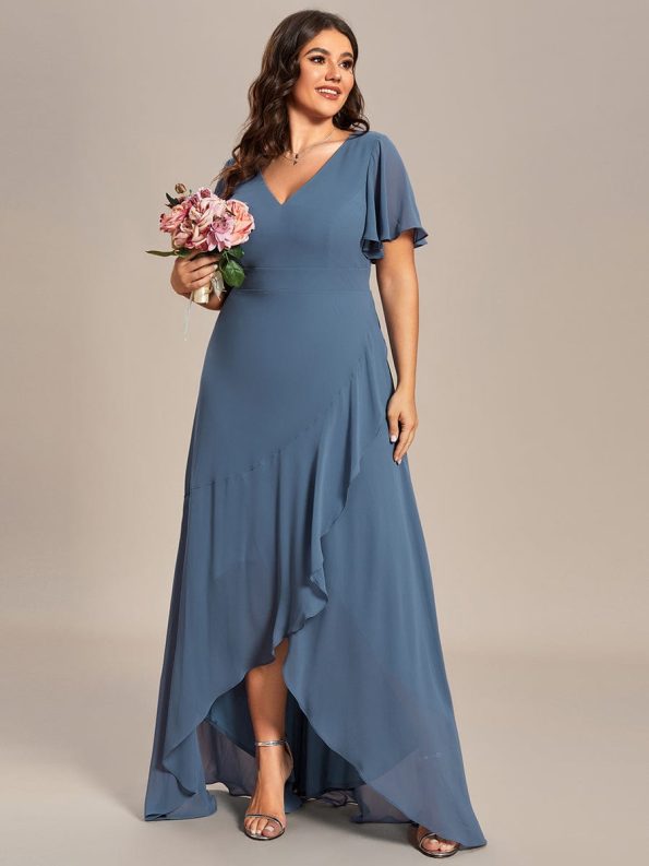 Plus Size Elegant Lotus Sleeves Chiffon Bridesmaid Dress - Dusty Navy