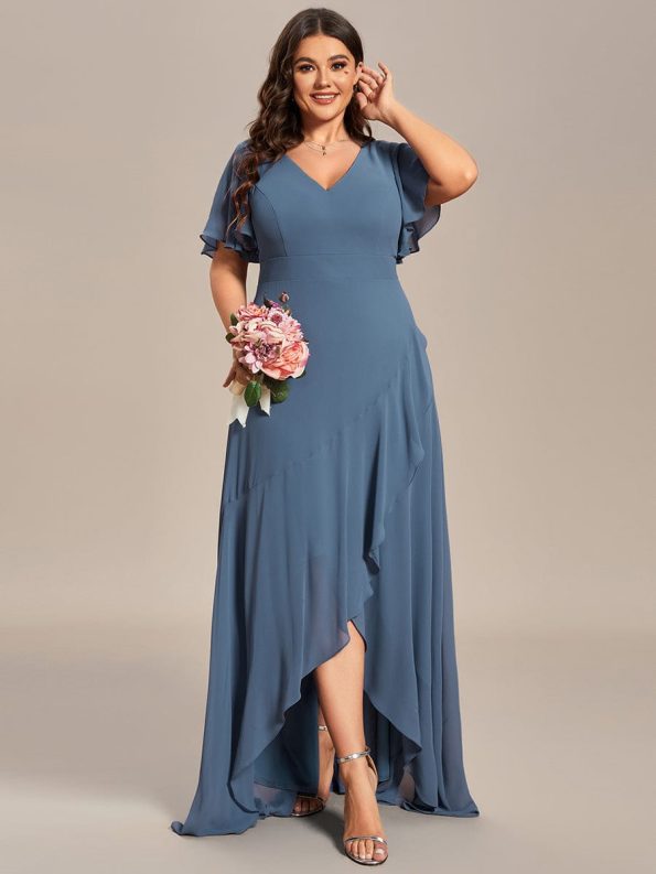 Plus Size Elegant Lotus Sleeves Chiffon Bridesmaid Dress - Dusty Navy