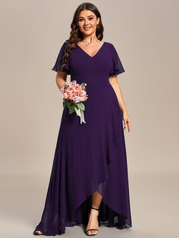 Plus Size Elegant Lotus Sleeves Chiffon Bridesmaid Dress - Dark Purple