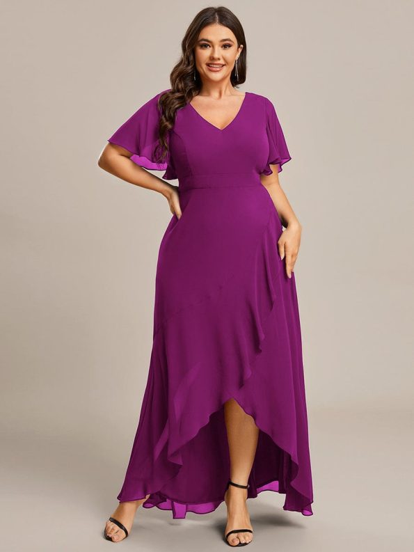 Plus Size Elegant Lotus Sleeves Chiffon Bridesmaid Dress - Fuchsia