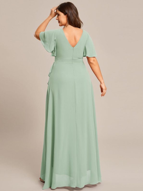 Plus Size Elegant Lotus Sleeves Chiffon Bridesmaid Dress - Mint Green