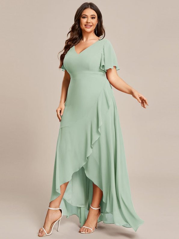 Plus Size Elegant Lotus Sleeves Chiffon Bridesmaid Dress - Mint Green